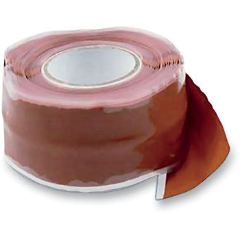 Roll of glossy red adhesive tape with a partially peeled edge showing thickness and flexibility.