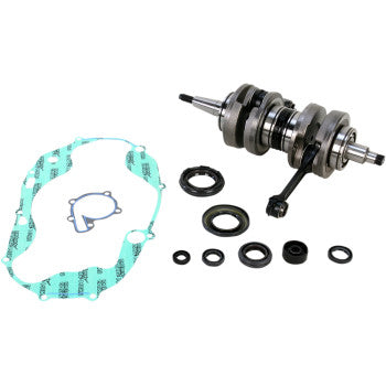 The Yamaha 350/YFZ Banshee Crankshaft Kit by Wiseco includes a green bottom-end gasket kit, crankshaft, seals, O-rings, and Wiseco connecting rods, all arranged on a white background.