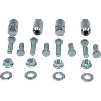 The Polaris Sportsman Ranger Wheel Stud & Nut Kit Front & Rear by Moose Offroad includes four hex bolts, washers, nuts, lug nuts, and wheel locks—ideal for rebuilding wheels or replacing damaged studs. All items are displayed on a white background.
