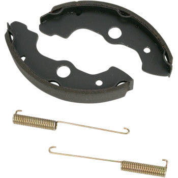 Black metal curved brake shoes with two attached tension springs in gold-tone steel.