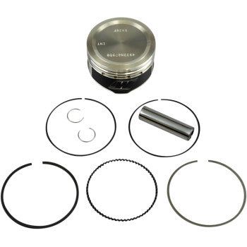 Silver metal piston with black base, three metal rings, a cylindrical pin, and two small circular clips arranged below.
