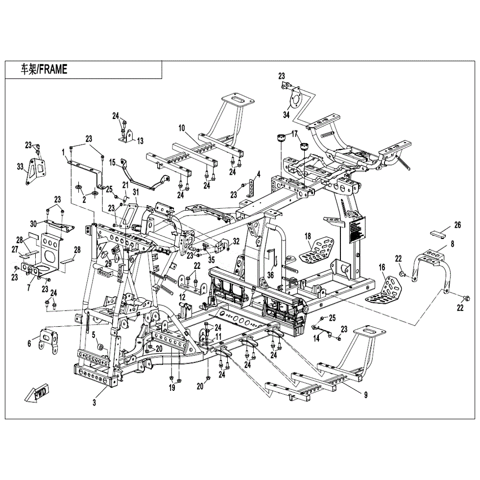 An Image of a genuine CFMOTO Parts Schematic Diagram showing the group - FRAME - 2021 CFMOTO CFORCE 1000 Overland