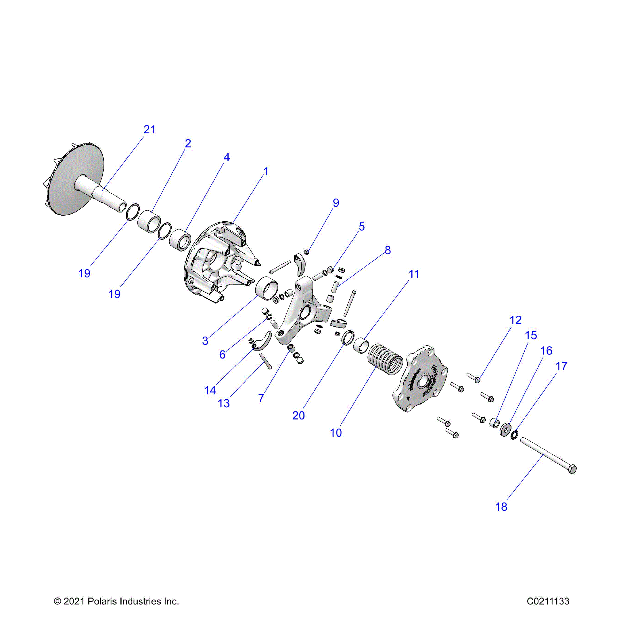 An Image of a Genuine Polaris Parts Schematic Diagram showing the schematic - DRIVE TRAIN: PRIMARY CLUTCH - 2026 POLARIS SPORTSMAN TOURING 850 48"