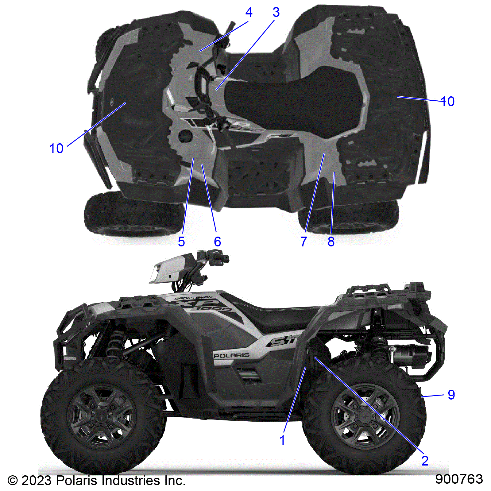 An Image of a Genuine Polaris Parts Schematic Diagram showing the schematic - BODY: DECALS STANDARD - 2024 POLARIS SPORTSMAN XP 1000 55" 49S