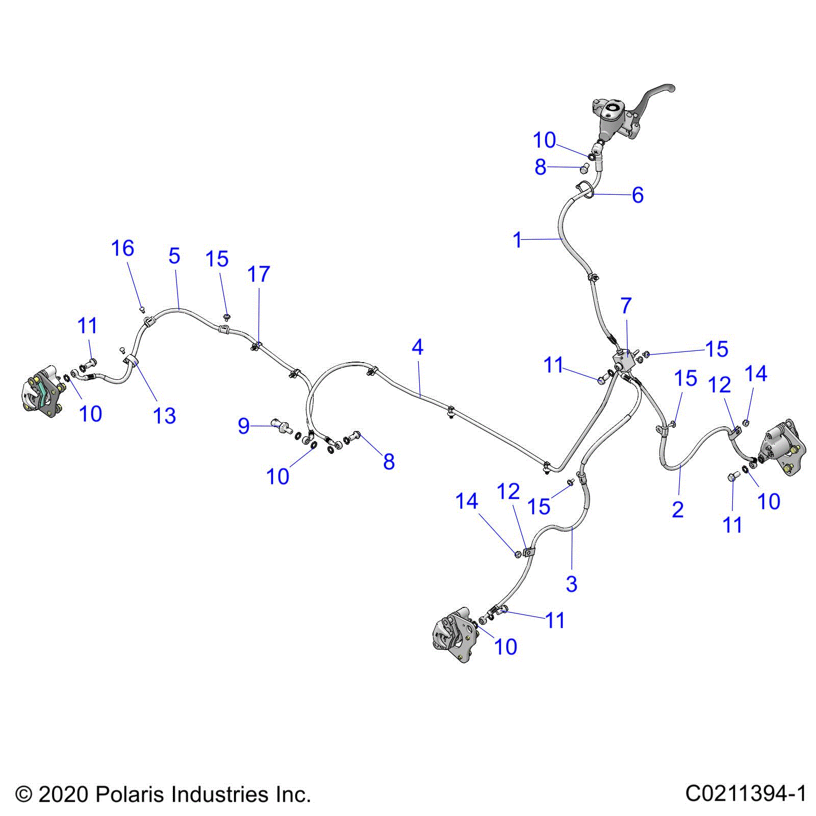 An Image of a Genuine Polaris Parts Schematic Diagram showing the schematic - BRAKES: BRAKE LINES - 2021 POLARIS SPORTSMAN 570 EPS