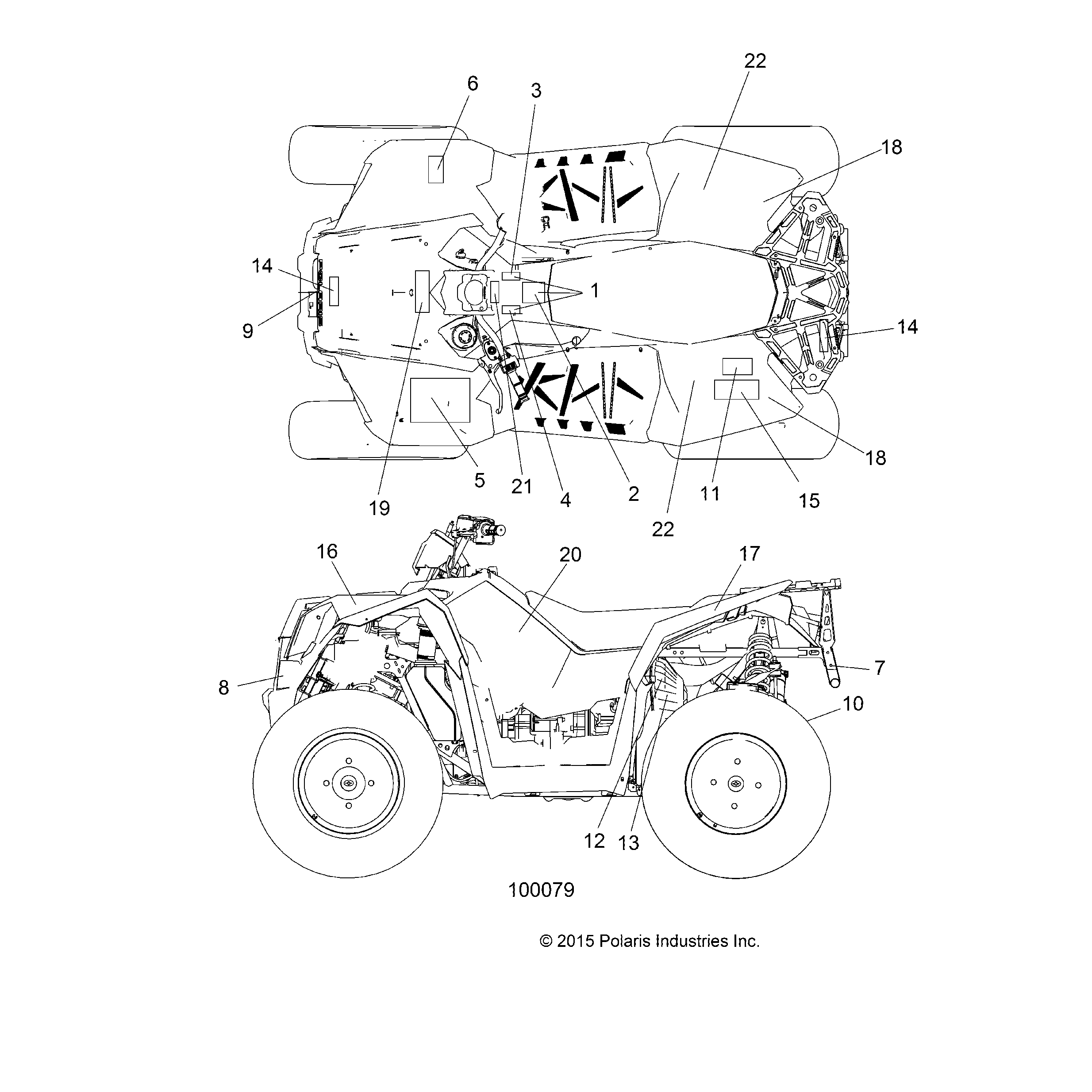 An Image of a Genuine Polaris Parts Schematic Diagram showing the schematic - BODY: DECALS - 2016 POLARIS SCRAMBLER XP 1000
