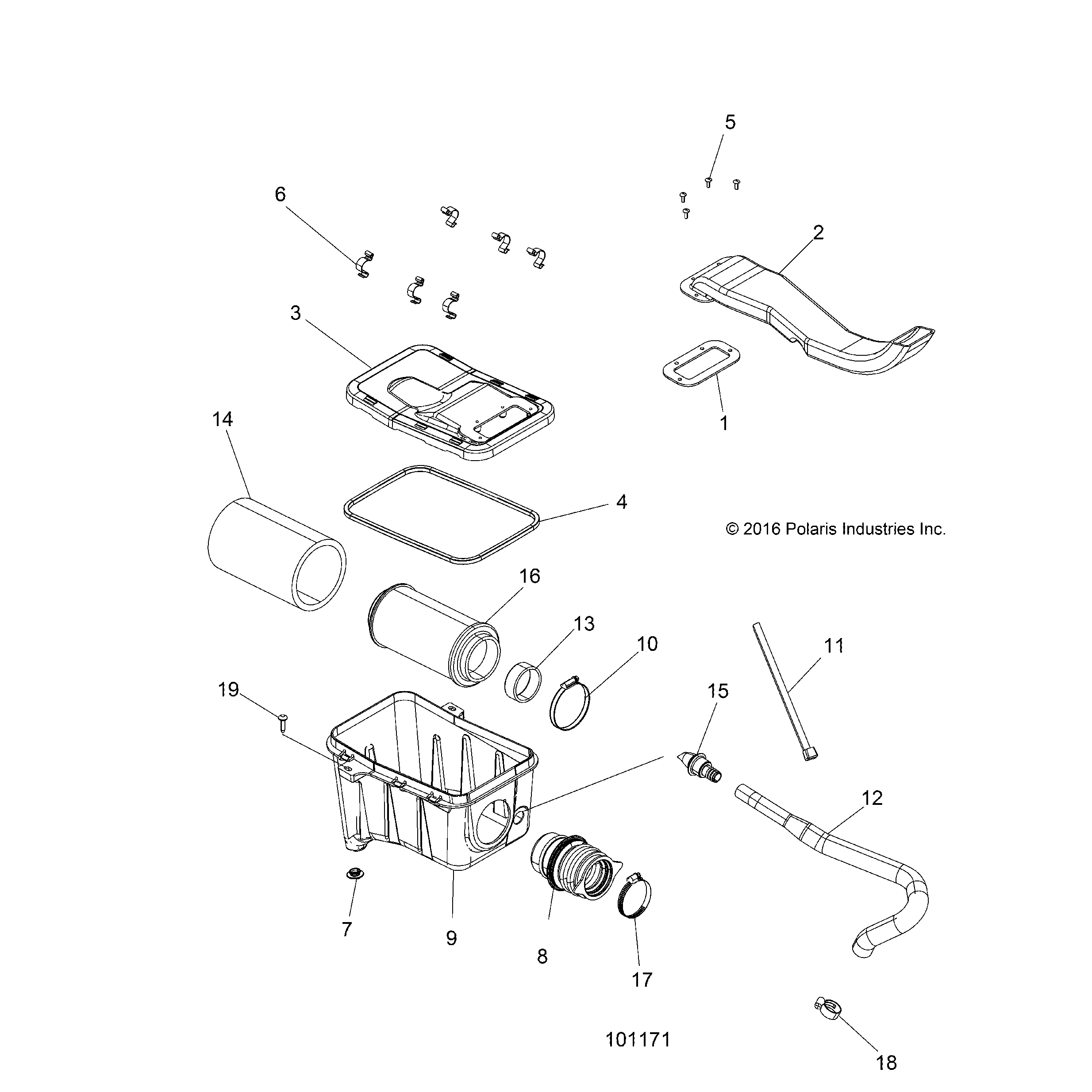 An Image of a Genuine Polaris Parts Schematic Diagram showing the schematic - ENGINE: AIR INTAKE SYSTEM - 2018 POLARIS SPORTSMAN 570 EFI UTE