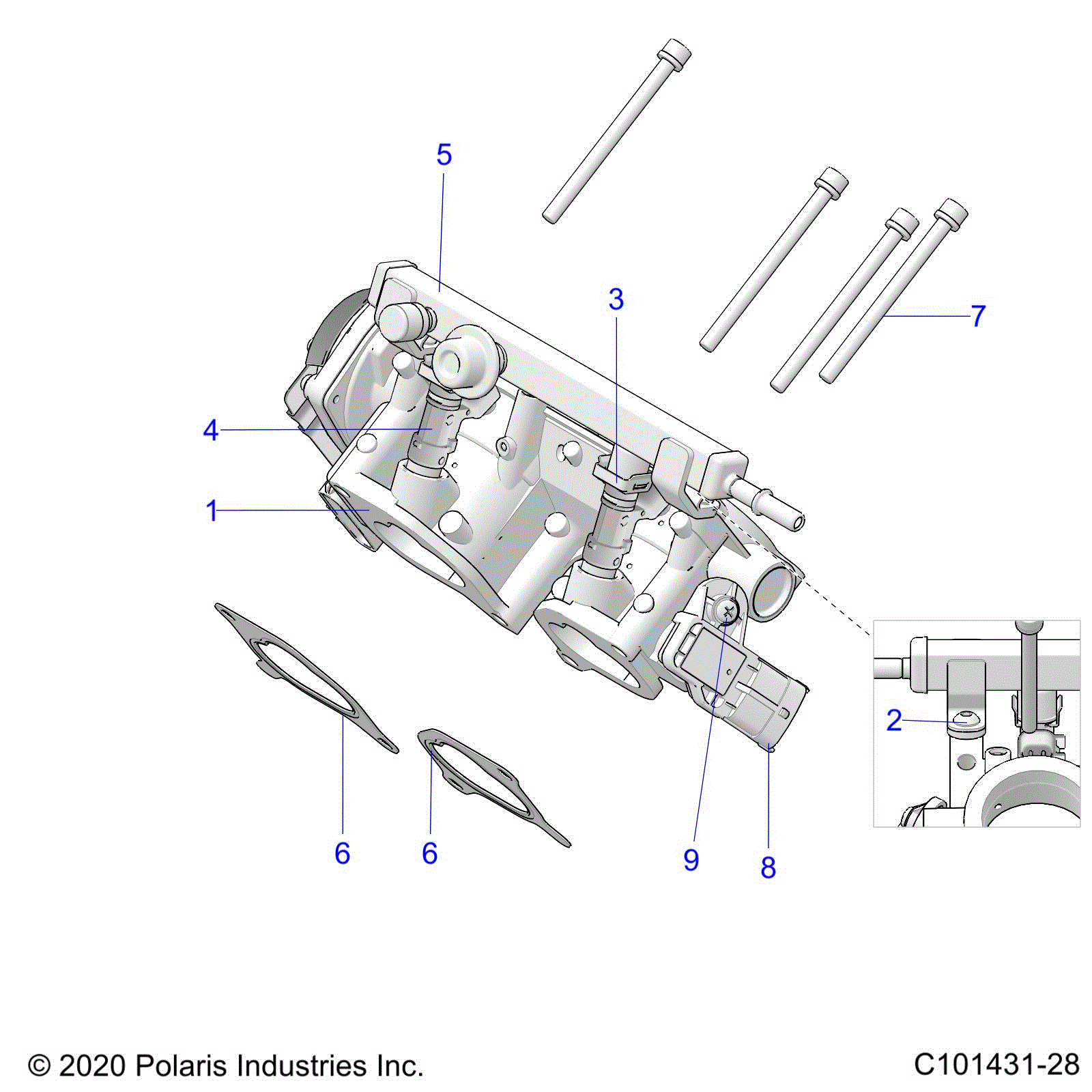 An Image of a Genuine Polaris Parts Schematic Diagram showing the schematic - ENGINE: THROTTLE BODY - 2020 POLARIS SPORTSMAN XP 1000 / XP 1000 HUNTER EDITION 48"
