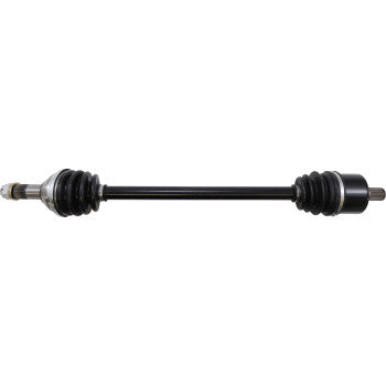 Black metal Can Am Defender CV axle with ribbed rubber boots on both ends and splined shaft tips.