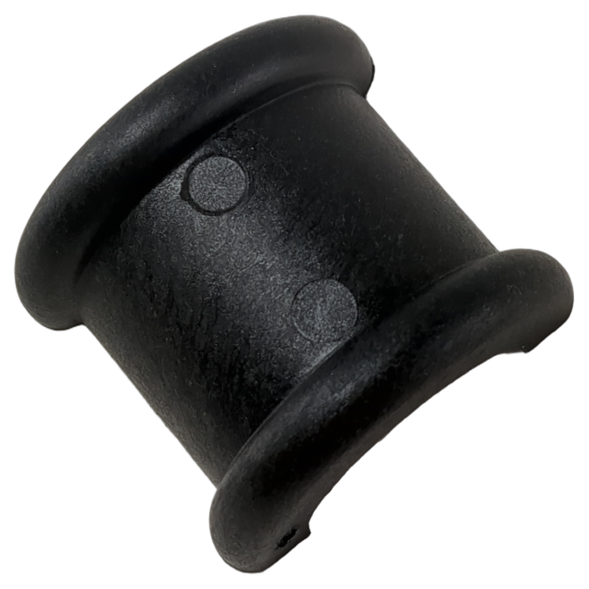 Black rubber upper half swaybar bushing with flanged edges and cylindrical shape.