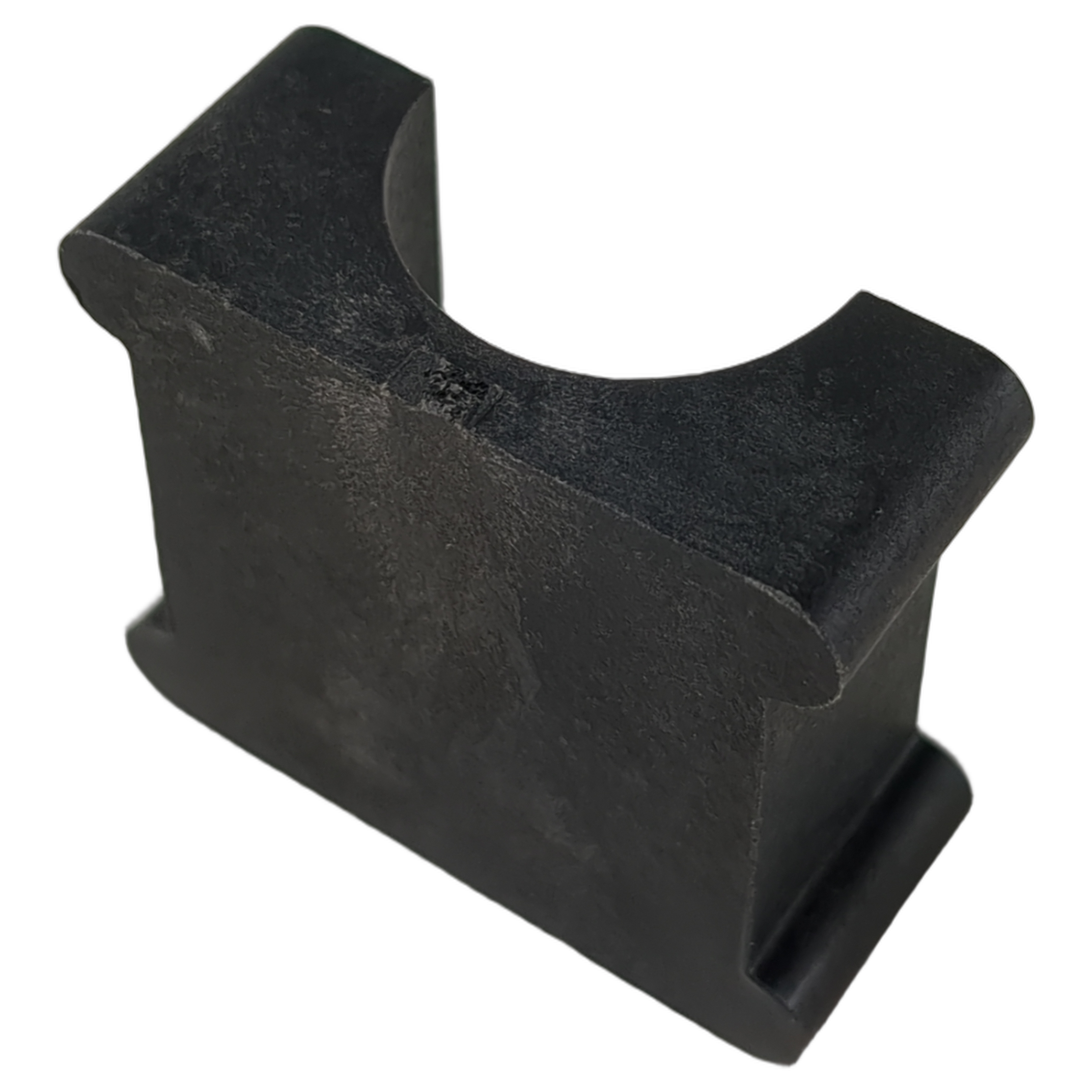 Black rubber bushing for lower half of sway bar with rectangular and curved edges.