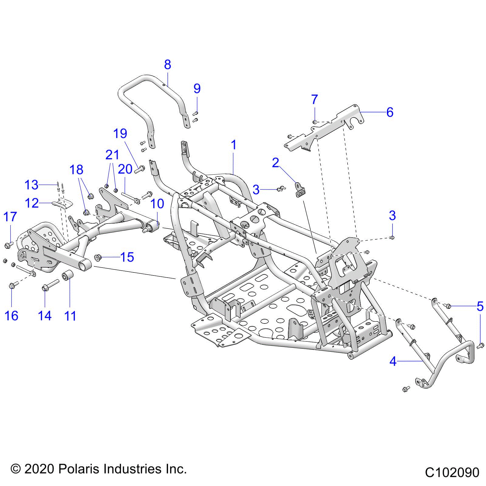 An Image of a Genuine Polaris Parts Schematic Diagram showing the schematic - CHASSIS: FRAME ASM and SWINGARM - 2023 POLARIS OUTLAW 70 LE