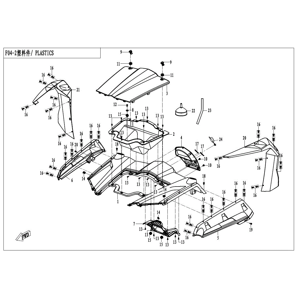 An Image of a Genuine CFMOTO Parts Schematic Diagram showing the schematic - FRONT PLASTICS-2 - 2017 CFMOTO ZFORCE 800 EX