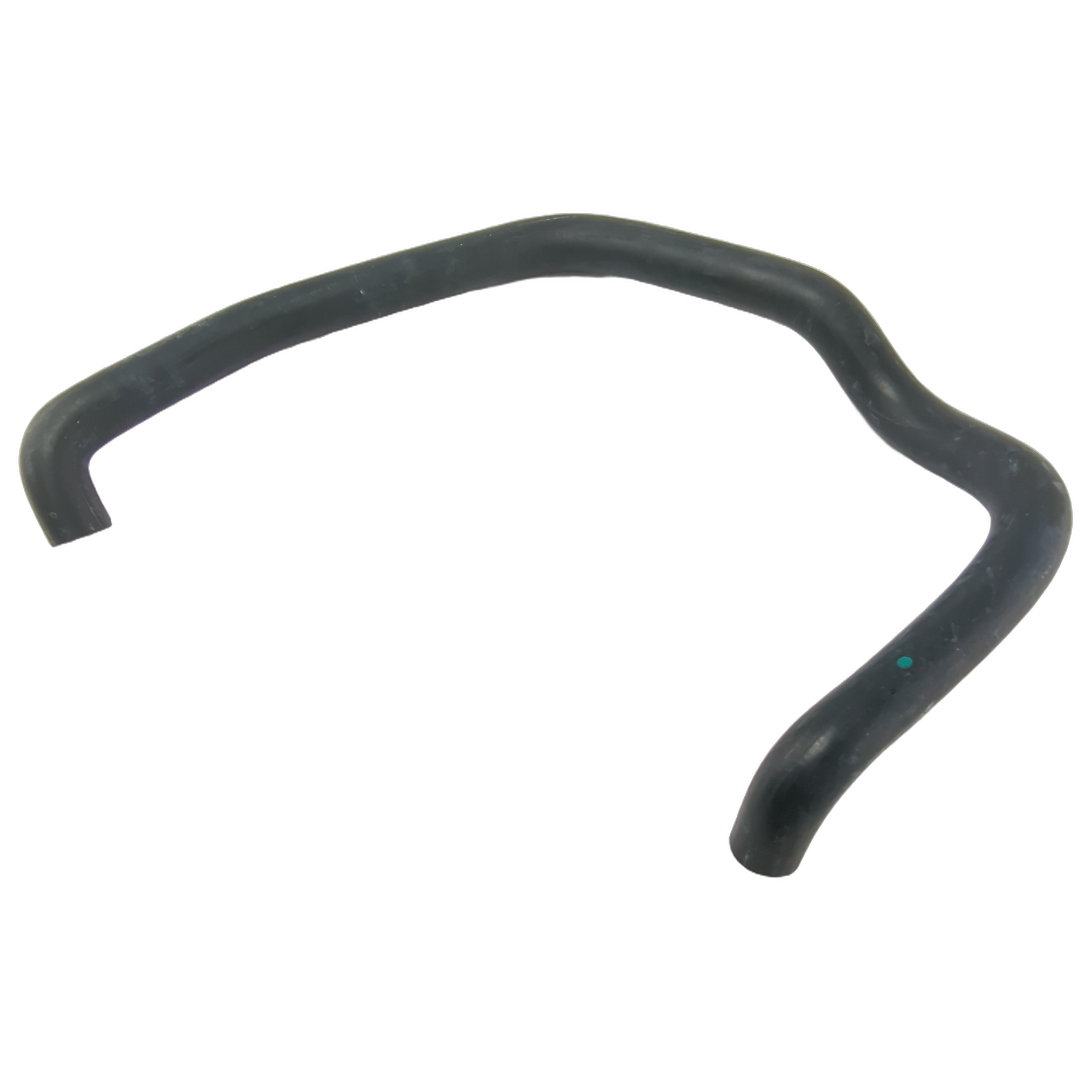 Black flexible rubber coolant hose with curved shape and smooth surface.