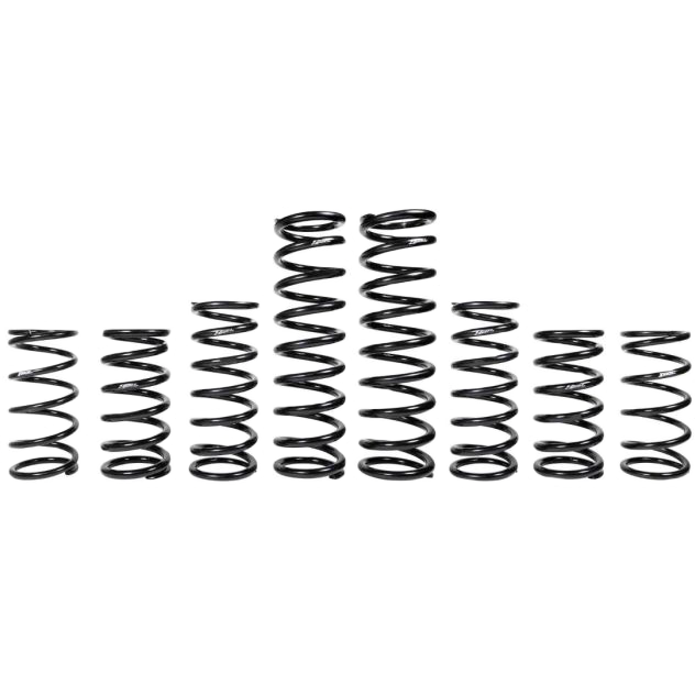 The Polaris Rzr Turbo R Fox Dynamics Stage 1 Spring Kit (1 Seat) by ZBroz features eight black high tensile springs arranged symmetrically with the tallest in the center and shortest at the ends for a smoother ride and better bottoming resistance.
