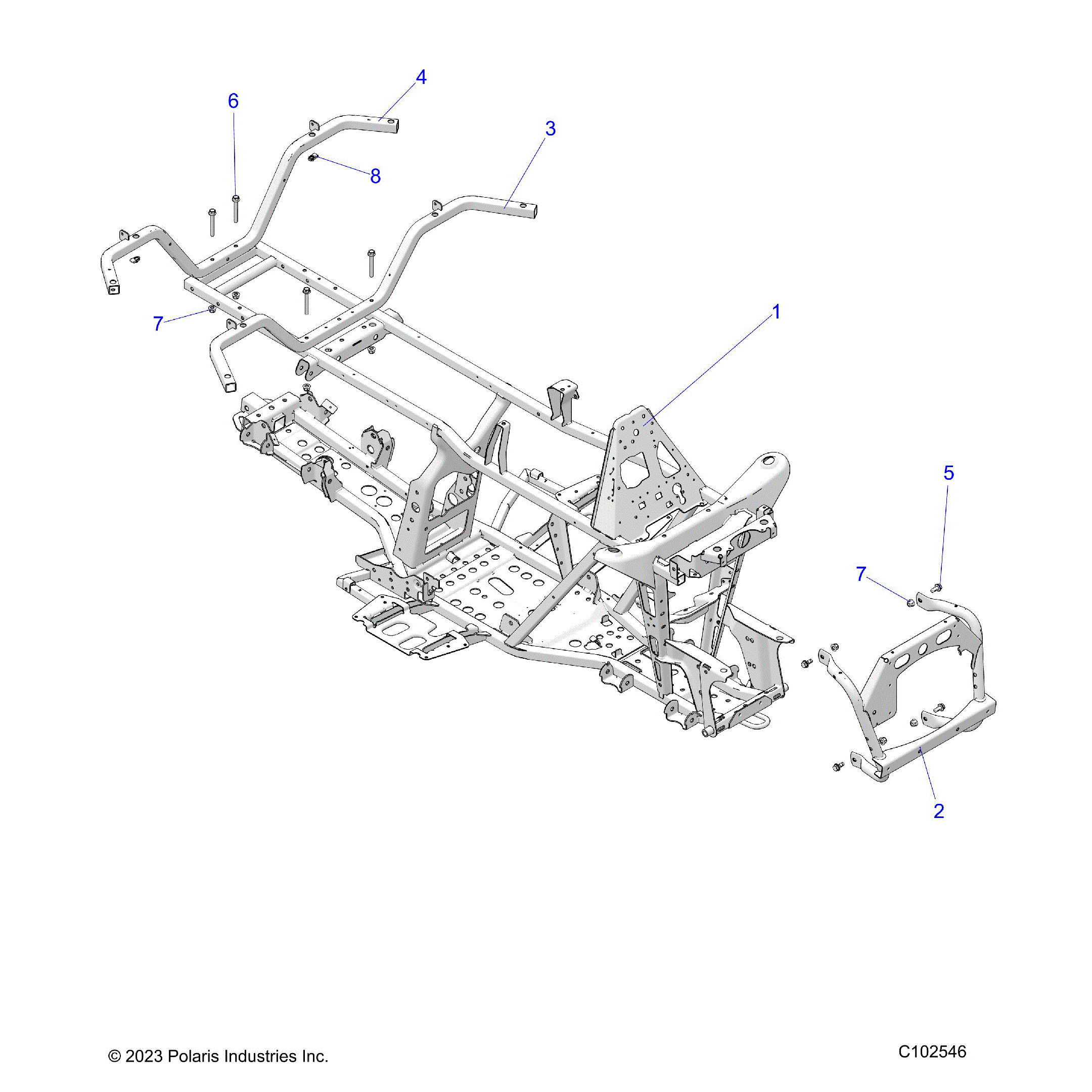 An Image of a Genuine Polaris Parts Schematic Diagram showing the schematic - CHASSIS: FRAME - 2023 POLARIS SPORTSMAN 570 EPS