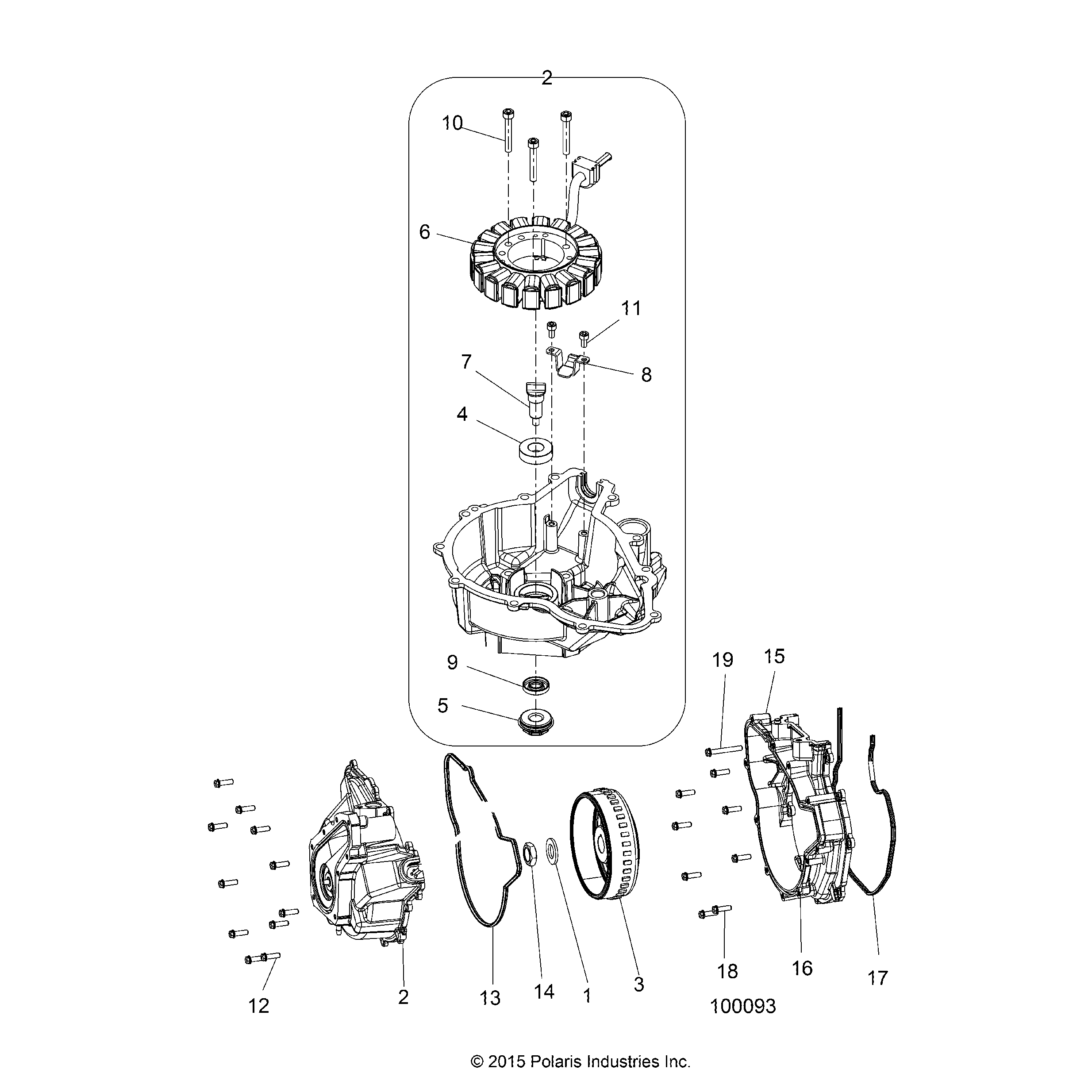 An Image of a Genuine Polaris Parts Schematic Diagram showing the schematic - ENGINE: STATOR COVER and FLYWHEEL - 2018 POLARIS SPORTSMAN 570 6X6