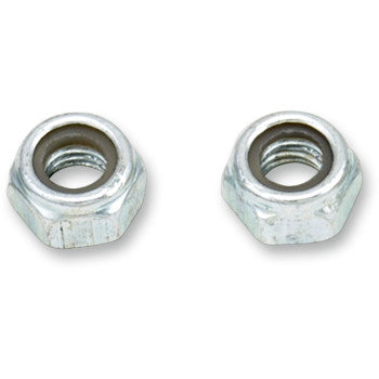 Two silver M6 Nylock nuts from the Bolt 10 Pack are shown side by side on a white background—a perfect choice for motorcycle hardware replacement kits.