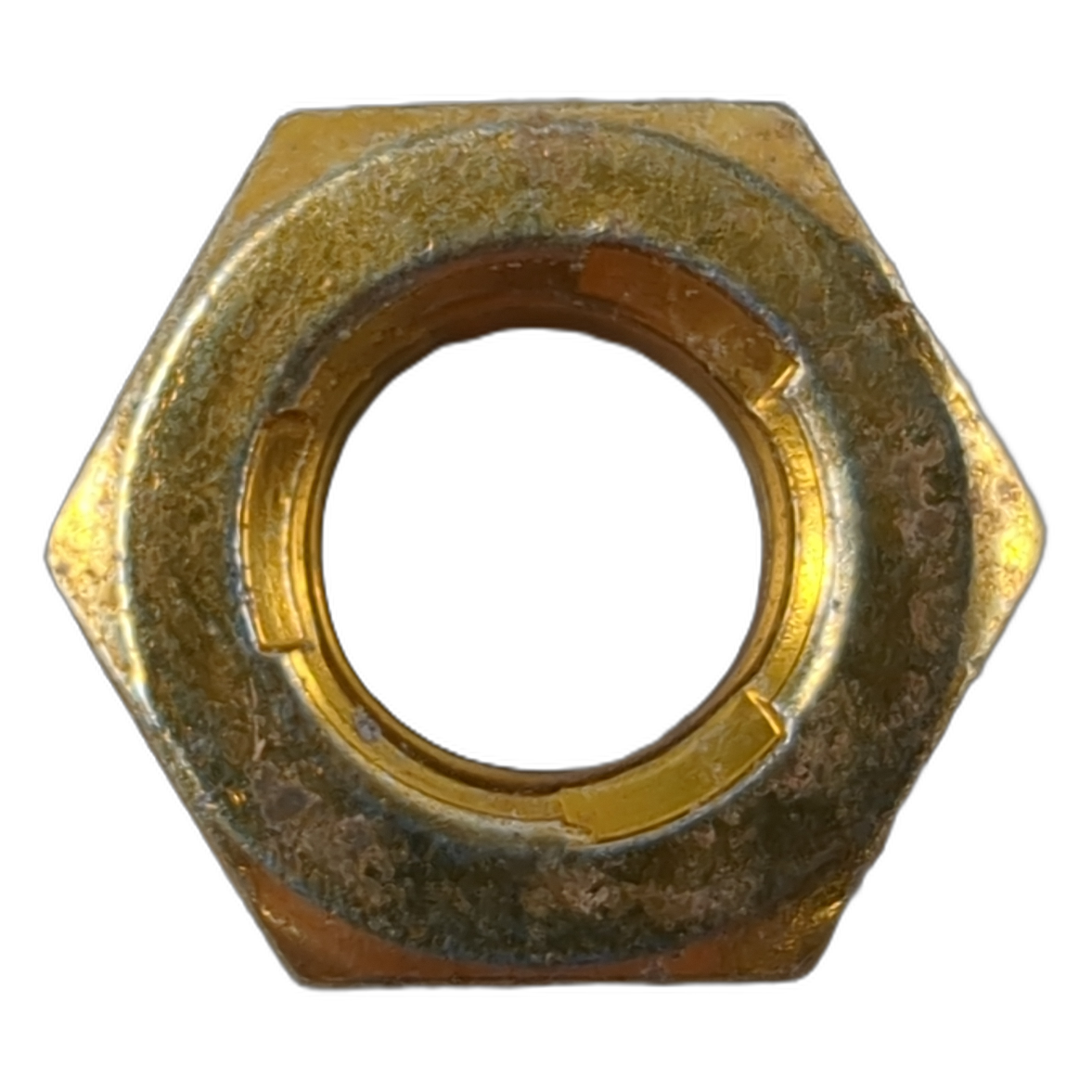 Weathered gold-toned hexagonal metal top lock nut with a circular threaded opening.