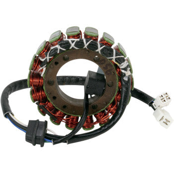 Copper wire wound circular stator with black wiring harness and white connectors for offroad vehicle use.