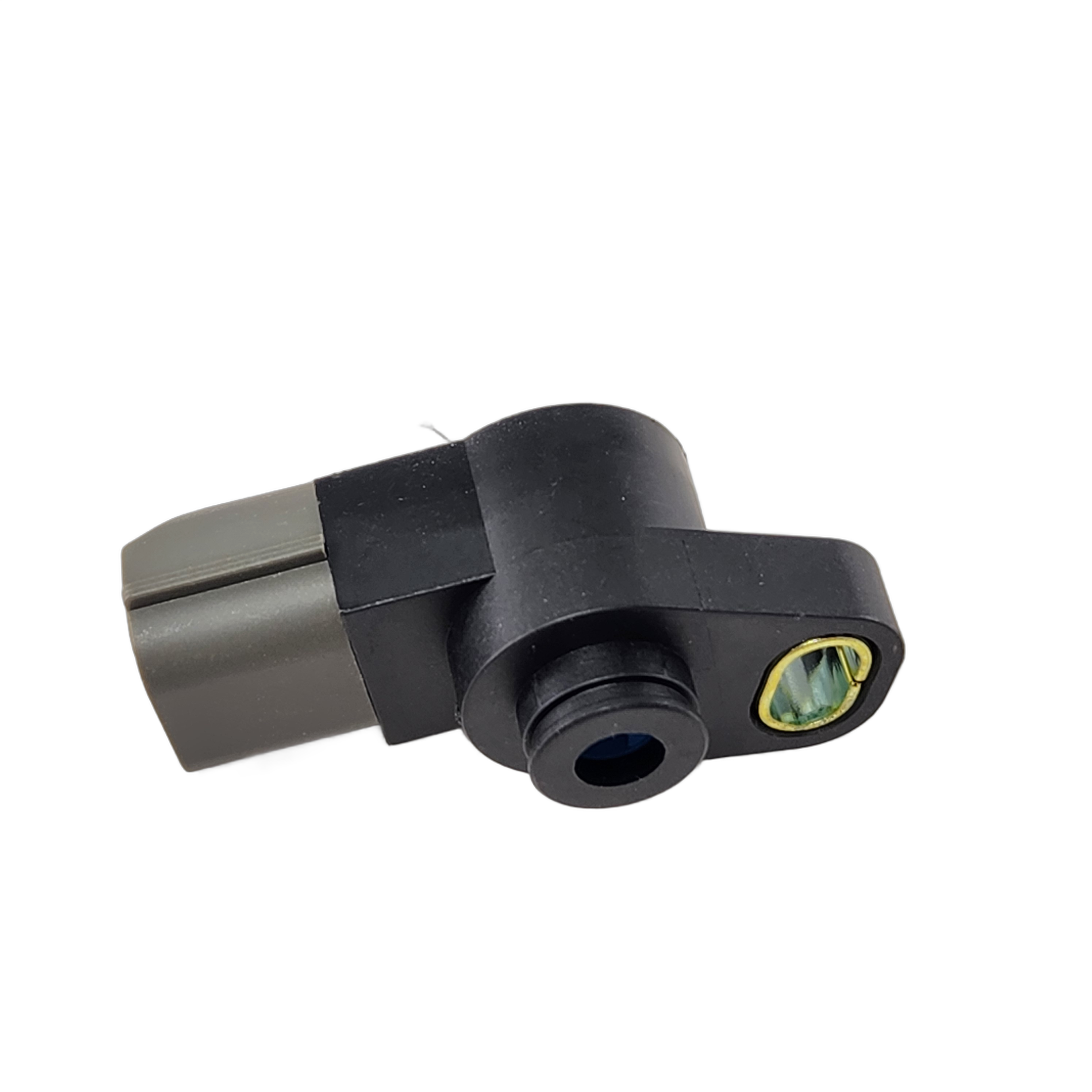 Black and gray throttle position sensor with electrical connector and mounting hole.