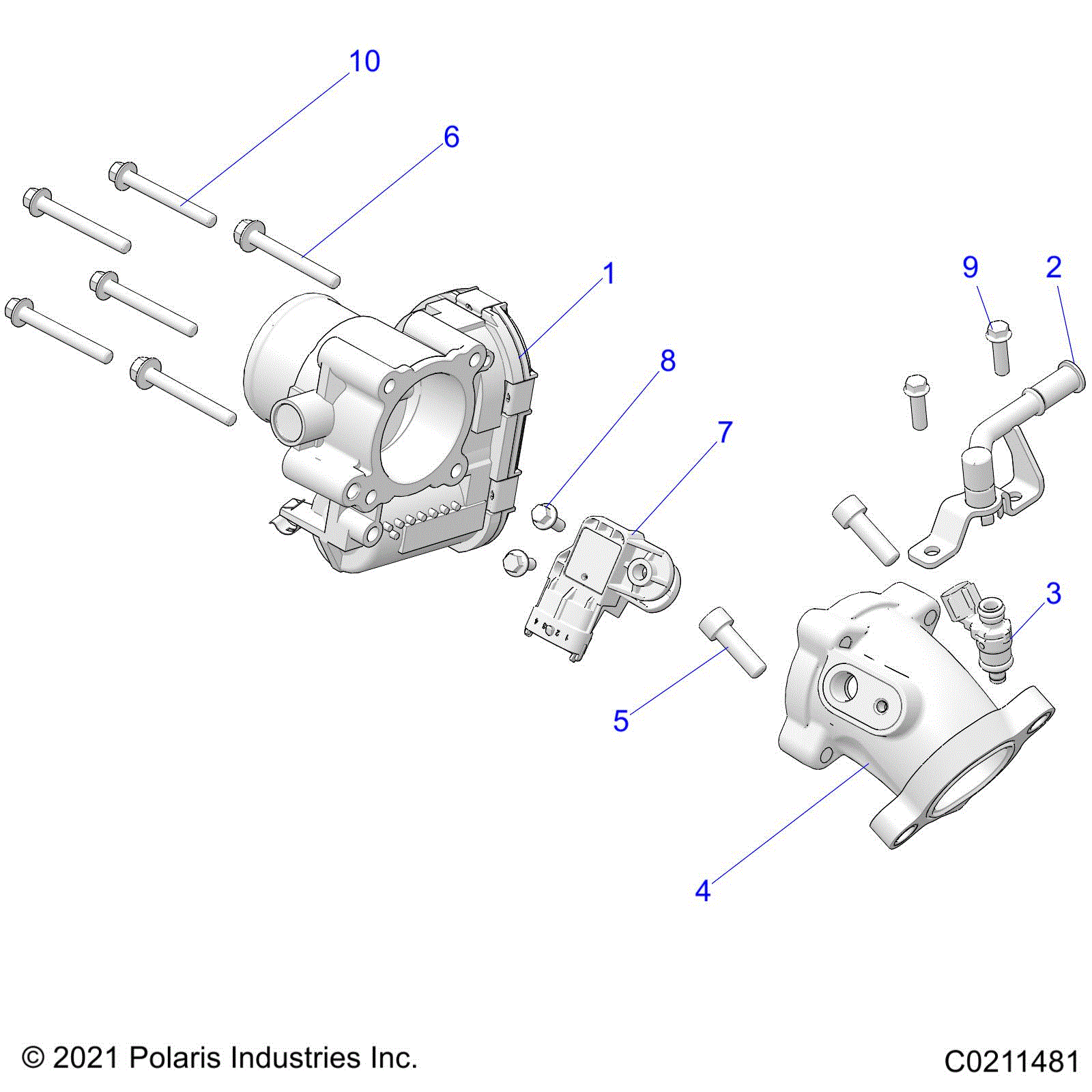 An Image of a Genuine Polaris Parts Schematic Diagram showing the schematic - ENGINE: THROTTLE BODY and FUEL RAIL - 2024 POLARIS SPORTSMAN 570 PREMIUM