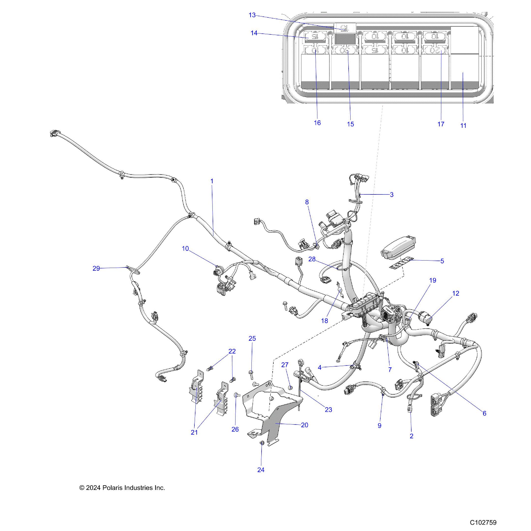 An Image of a Genuine Polaris Parts Schematic Diagram showing the schematic - ELECTRICAL: MAIN WIRE HARNESS - 2024 POLARIS SPORTSMAN 570
