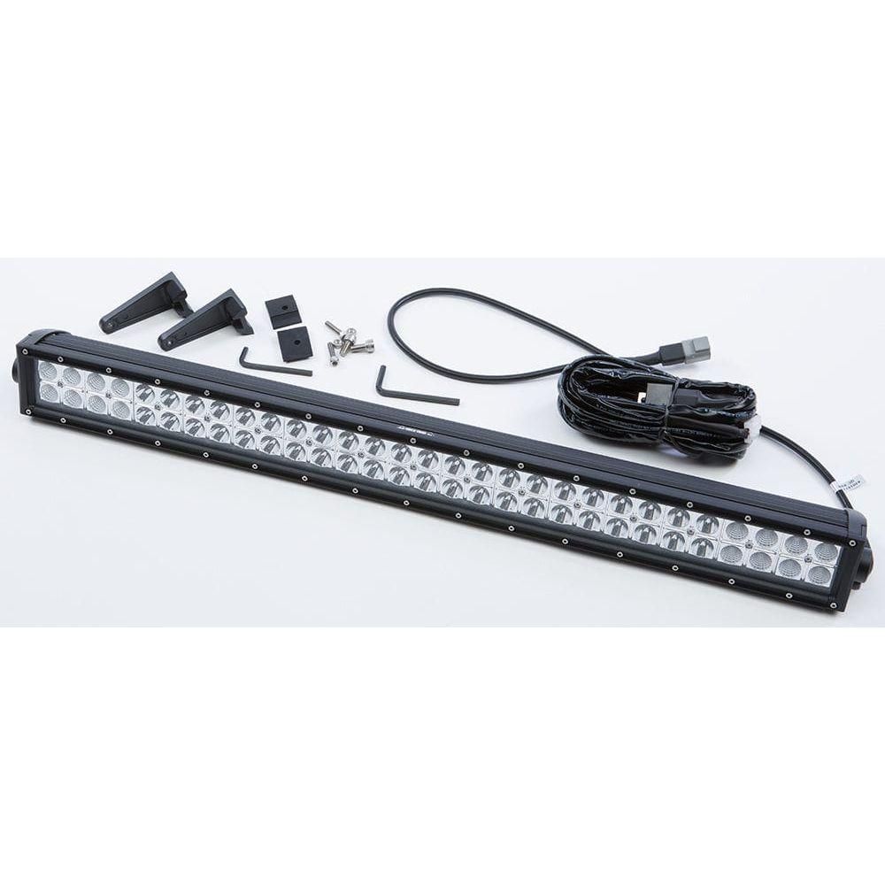 The Led Light Bar 31.5 by Open Trail, in black and waterproof, includes multiple lenses, mounting brackets, screws, an Allen wrench, and a long power cable with connector—ideal for offroad driving—displayed on a white surface.