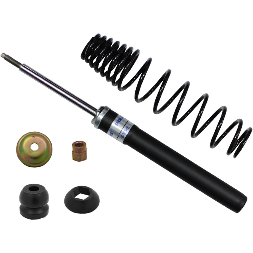 Polaris UTV/ATV Front Gas Shock by Bronco, featuring a shock absorber, coil spring, metal washer, nut, and rubber bushings—ideal for UTV/ATV suspension needs. Shown on a white background. Explore more at Witchdoctors.com.