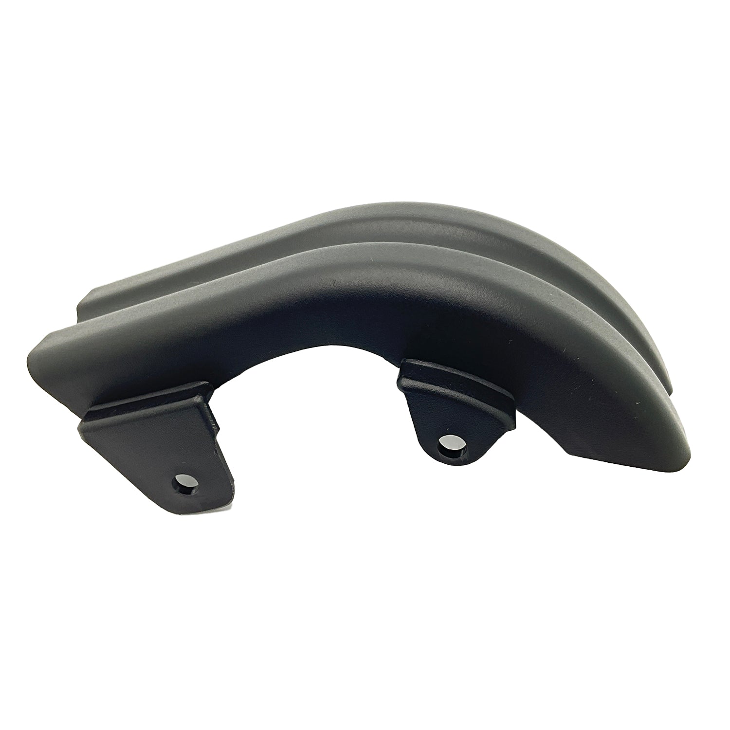 Black curved rear sprocket cover with two mounting brackets and bolt holes.