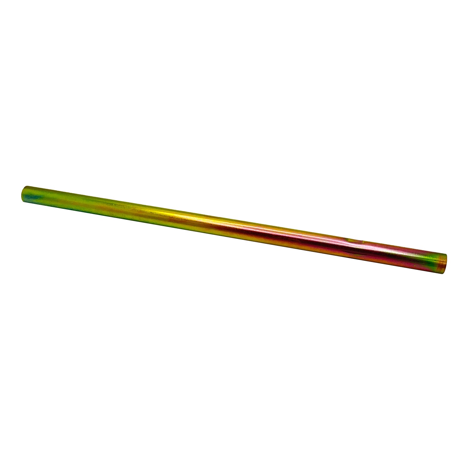 Yellow-green iridescent metal tie rod with cylindrical shape for offroad vehicle steering system.