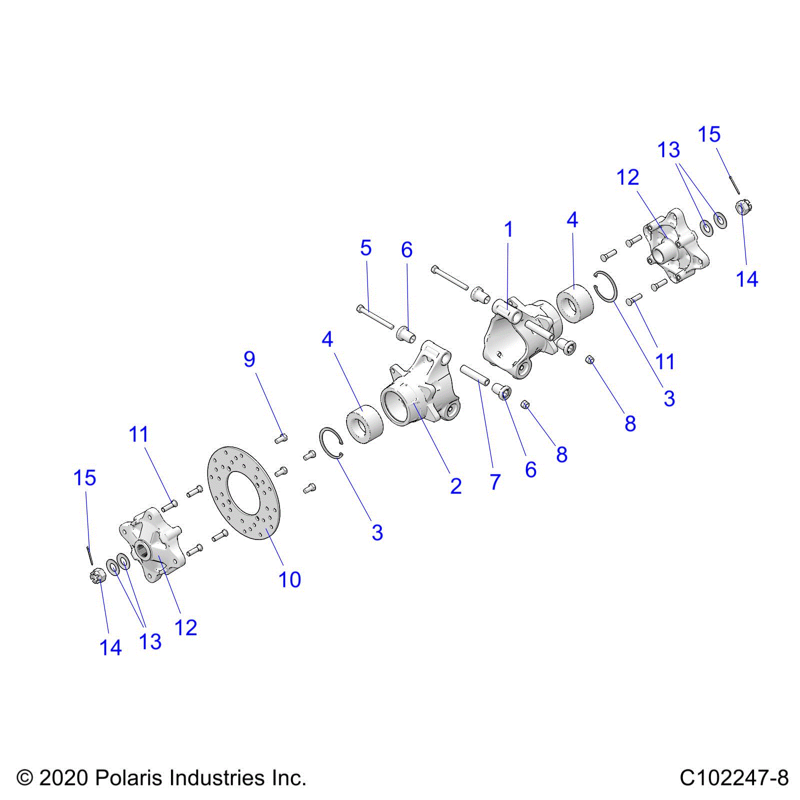 An Image of a Genuine Polaris Parts Schematic Diagram showing the schematic - SUSPENSION: REAR HUBS CARRIER and BRAKE DISC - 2025 POLARIS SPORTSMAN 570 6X6 EPS 49S