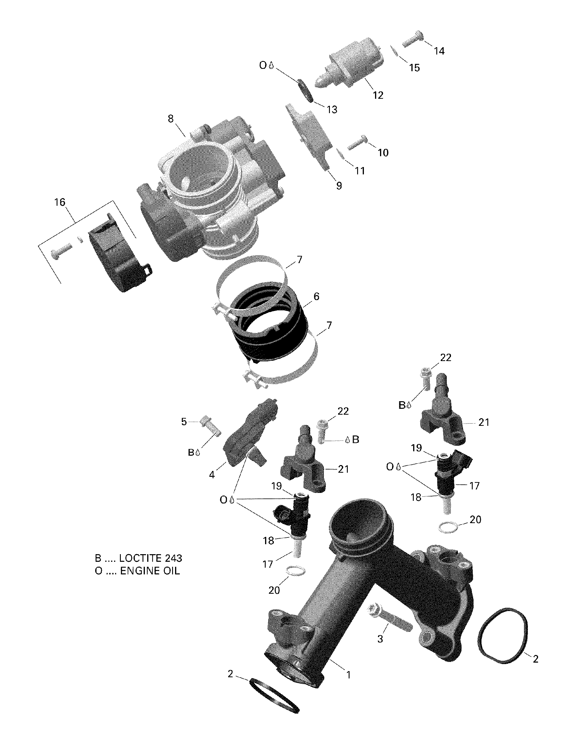 An Image of a Genuine Can-Am Parts Schematic Diagram showing the schematic - ROTAX - AIR INTAKE MANIFOLD AND THROTTLE BODY VERSION 1