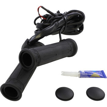 The Apollo Heated Grips 7/8" x 130 mm by Koso North America are shown on a white background with a handlebar switch, adhesive tube, two black end caps, and wiring cables for easy installation.