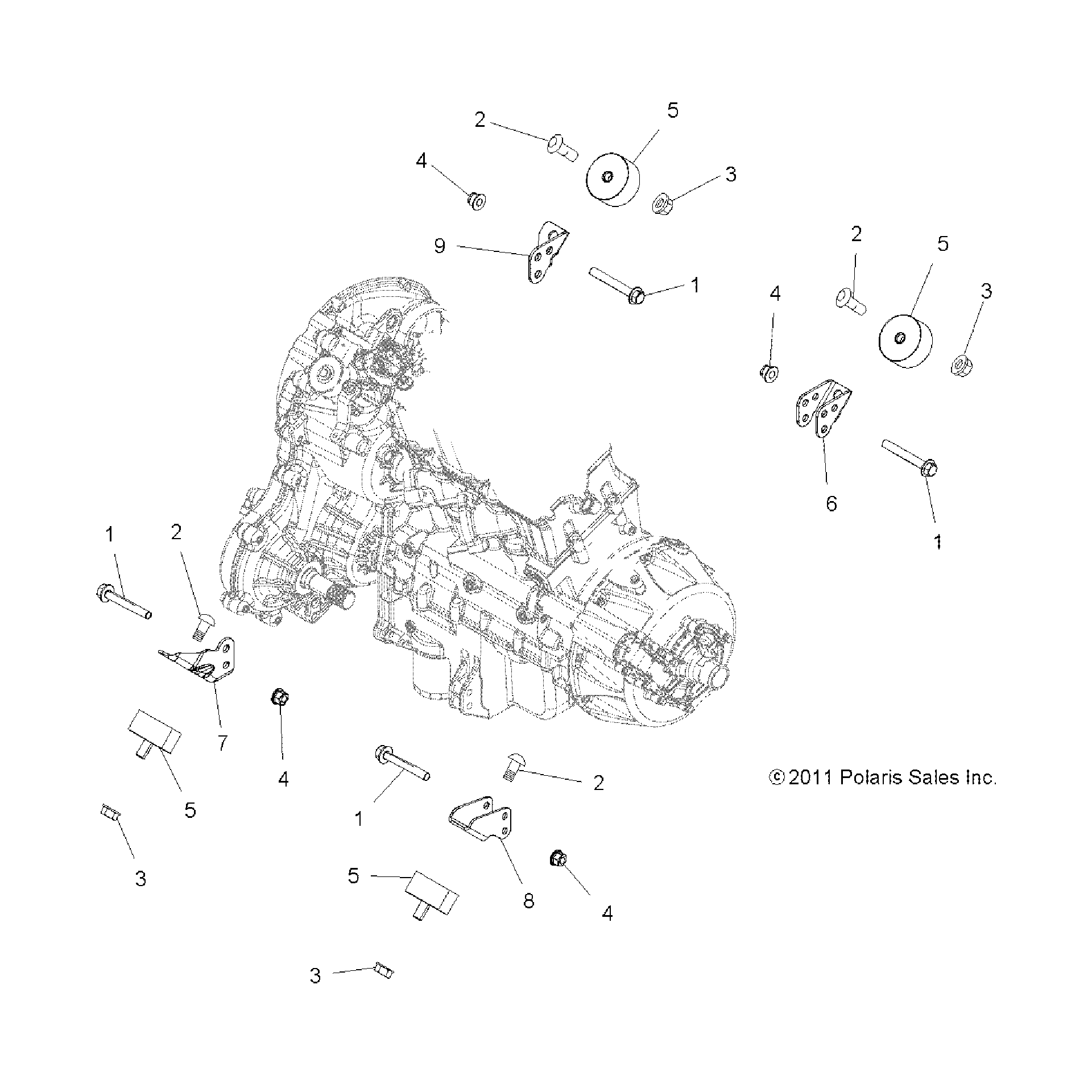 An Image of a Genuine Polaris Parts Schematic Diagram showing the schematic - ENGINE: MOUNTING & LONG BLOCK - 2015 POLARIS SCRAMBLER 850