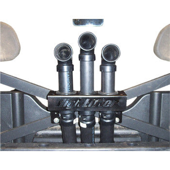 Close-up of three snorkel pipes from the Polaris ATV Snorkel Kit by High Lifter, installed on an off-road vehicle with a branded mounting plate, connecting hoses, and ABS piping for enhanced air intake protection.