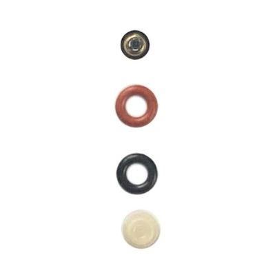 Four circular fuel injector seals and gaskets in black, brown, dark gray, and beige colors, varying in size and thickness.