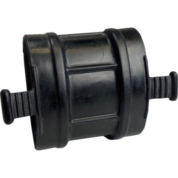The Can Am Clutch Boot Outlet by Quad Logic is a black plastic valve with a cylindrical body and two horizontal tabs for controlling fluid flow in piping systems.