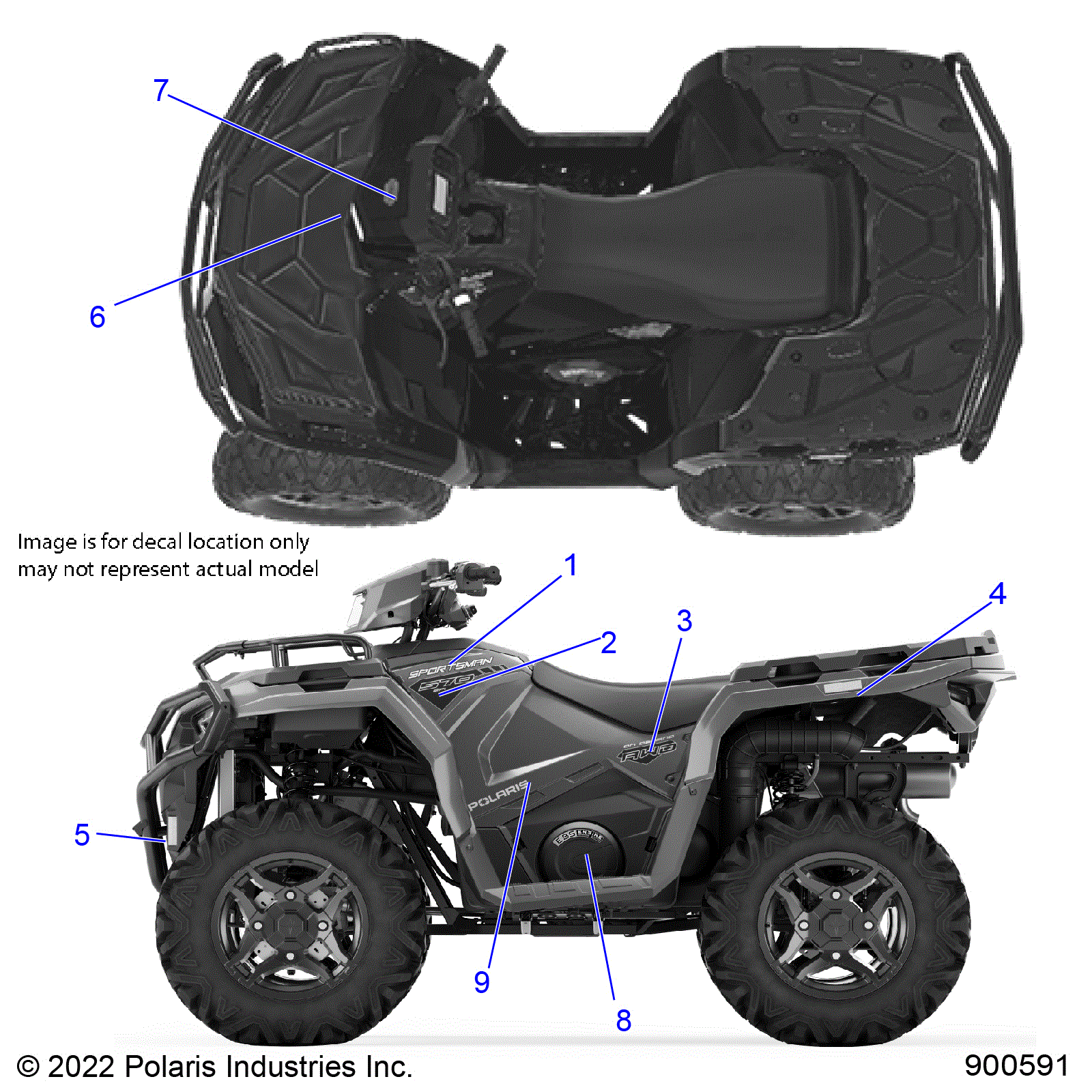 An Image of a Genuine Polaris Parts Schematic Diagram showing the schematic - BODY: DECALS GRAPHIC - 2023 POLARIS SPORTSMAN 570 EPS EBS TRAIL 49S