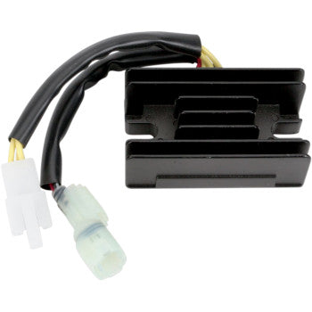 The Arctic Cat Regulator / Rectifier by Rick's Motorsport Electric is a black unit with cooling fins and two wiring connectors, one white and one translucent, shown against a white background as a quality replacement part.