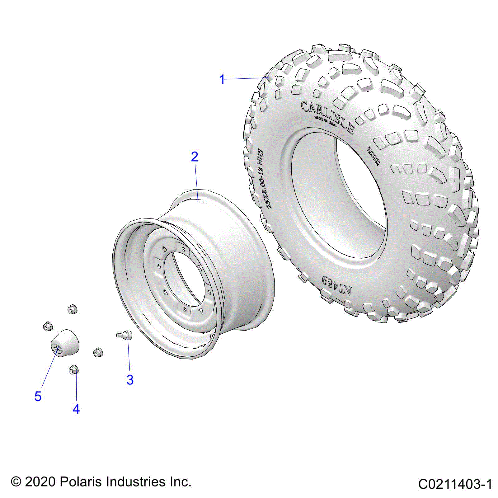 An Image of a Genuine Polaris Parts Schematic Diagram showing the schematic - WHEELS: FRONT TIRE - 2022 POLARIS SPORTSMAN 450 HO UTILITY
