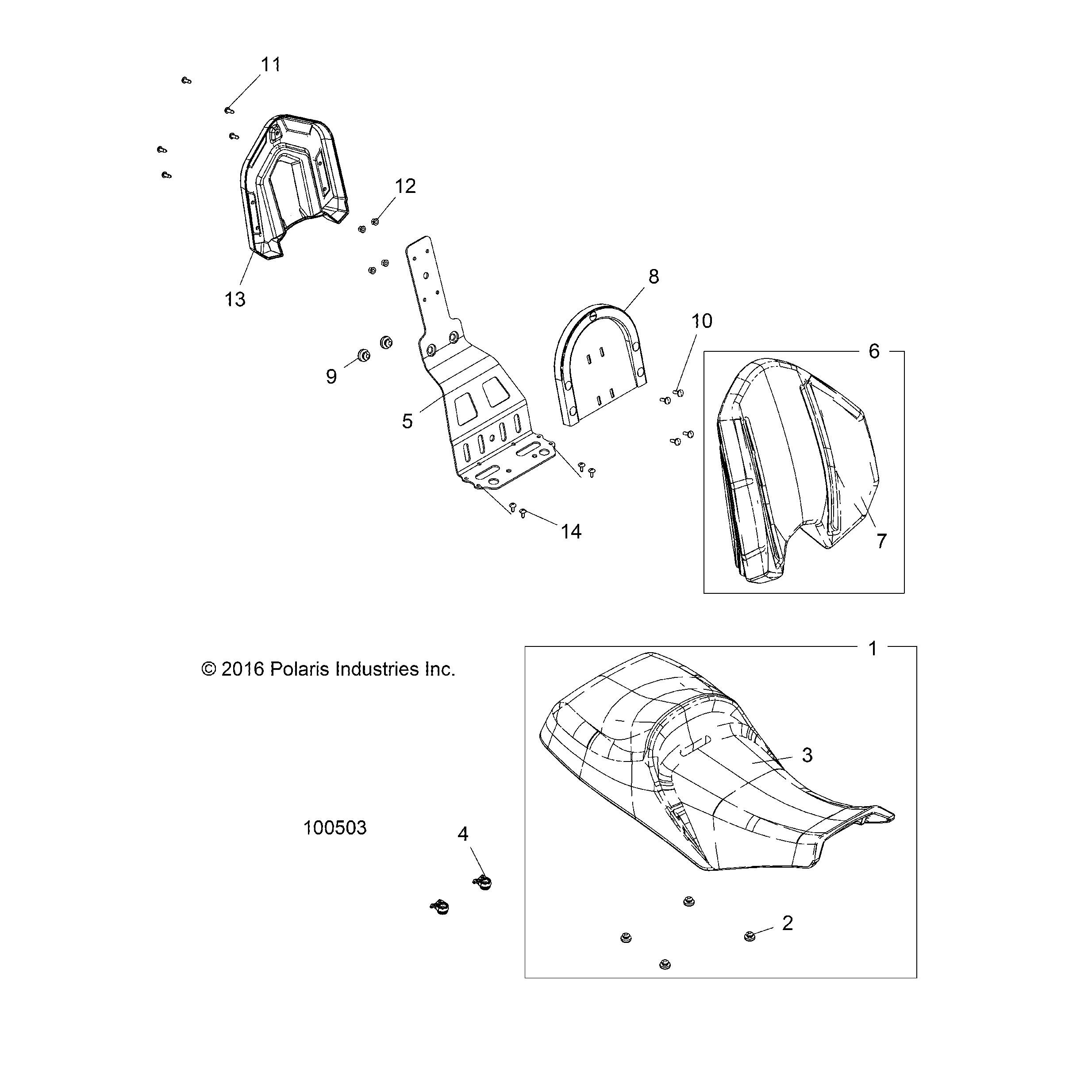 An Image of a Genuine Polaris Parts Schematic Diagram showing the schematic - BODY: SEAT - 2018 POLARIS SPORTSMAN TOURING 570 SP