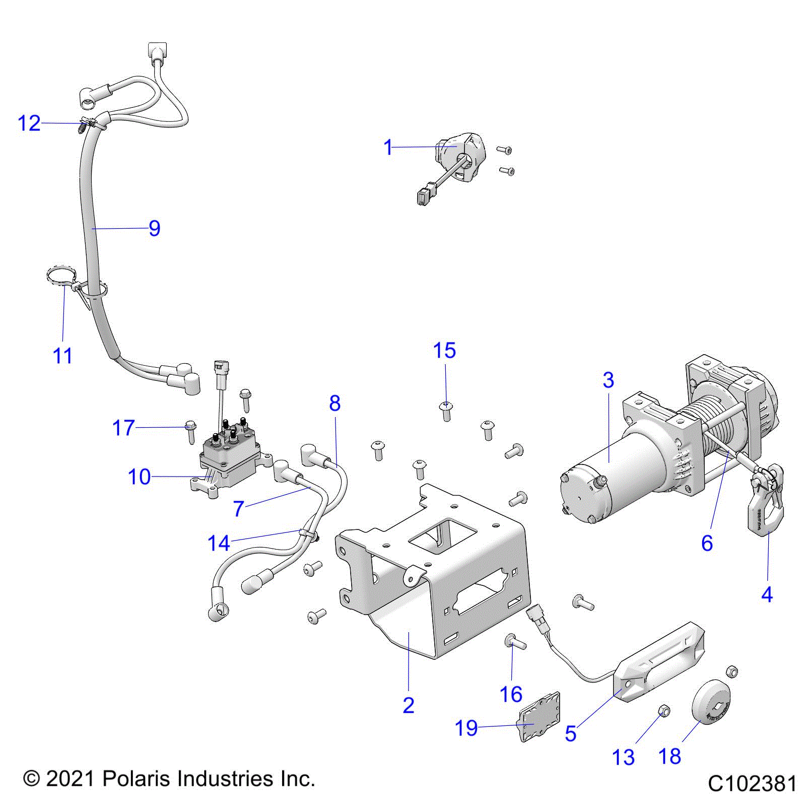 An Image of a Genuine Polaris Parts Schematic Diagram showing the schematic - CHASSIS: WINCH - 2022 POLARIS SPORTSMAN 570 SP TRAIL RIDE COMMAND