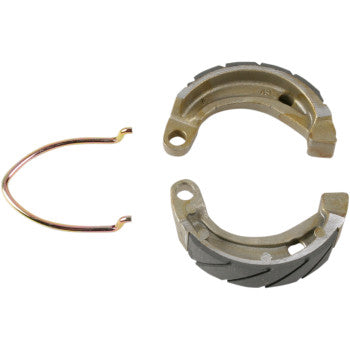 The Ebc Brake Shoes set includes two die-cast aluminum semi-circular shoes with gray friction surfaces and a small curved spring, shown on a white background.