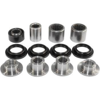 The A-Arm Repair Kit Front Lower by Epi, featuring metal bearings, bushings, and seals for pivot assemblies, is displayed on a white background with its various cylindrical and circular components arranged in rows.