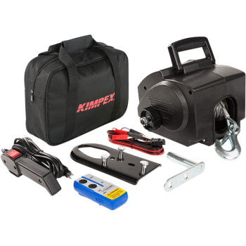 The 2500 lb Portable Electric Winch by Kimpex comes with a heavy-duty steel cable, black carrying case, remote control, power cables, hook, mounting hardware, and accessories—all displayed on a white background.