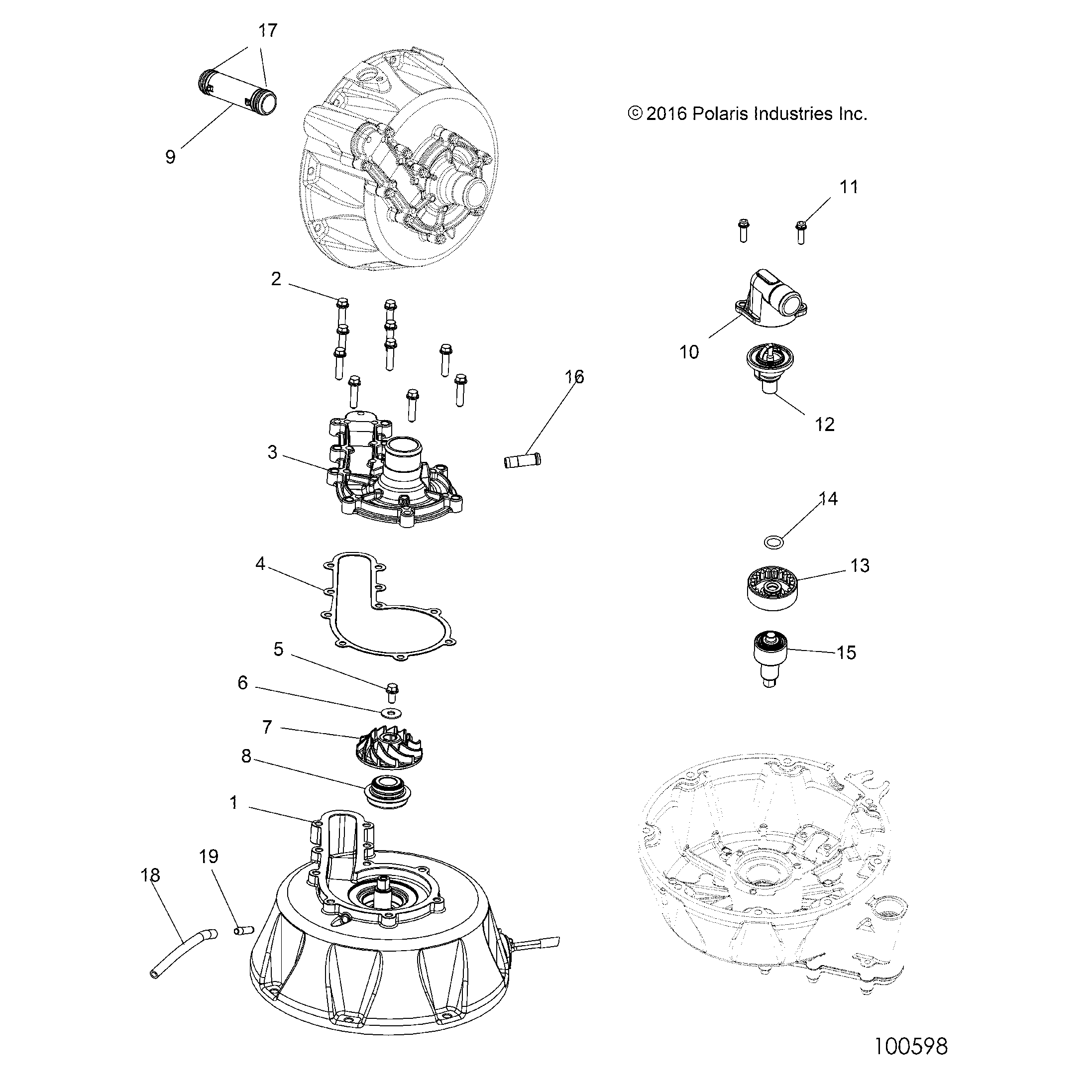 An Image of a Genuine Polaris Parts Schematic Diagram showing the schematic - ENGINE: COOLING SYSTEM and WATER PUMP - 2017 POLARIS SCRAMBLER 850
