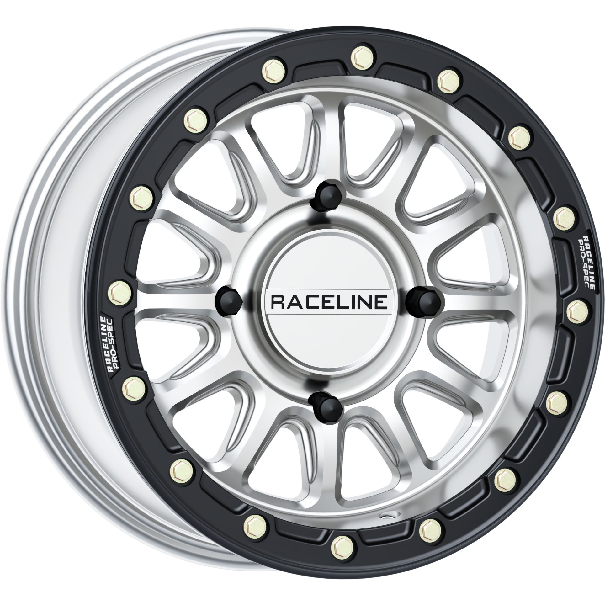 The Raceline ATV/UTV Alpha Hyper Wheel is a 15x7 hyper silver alloy wheel with a black beadlock ring, gold edge bolts, multi-spoke design, and RACELINE branding on the center cap.