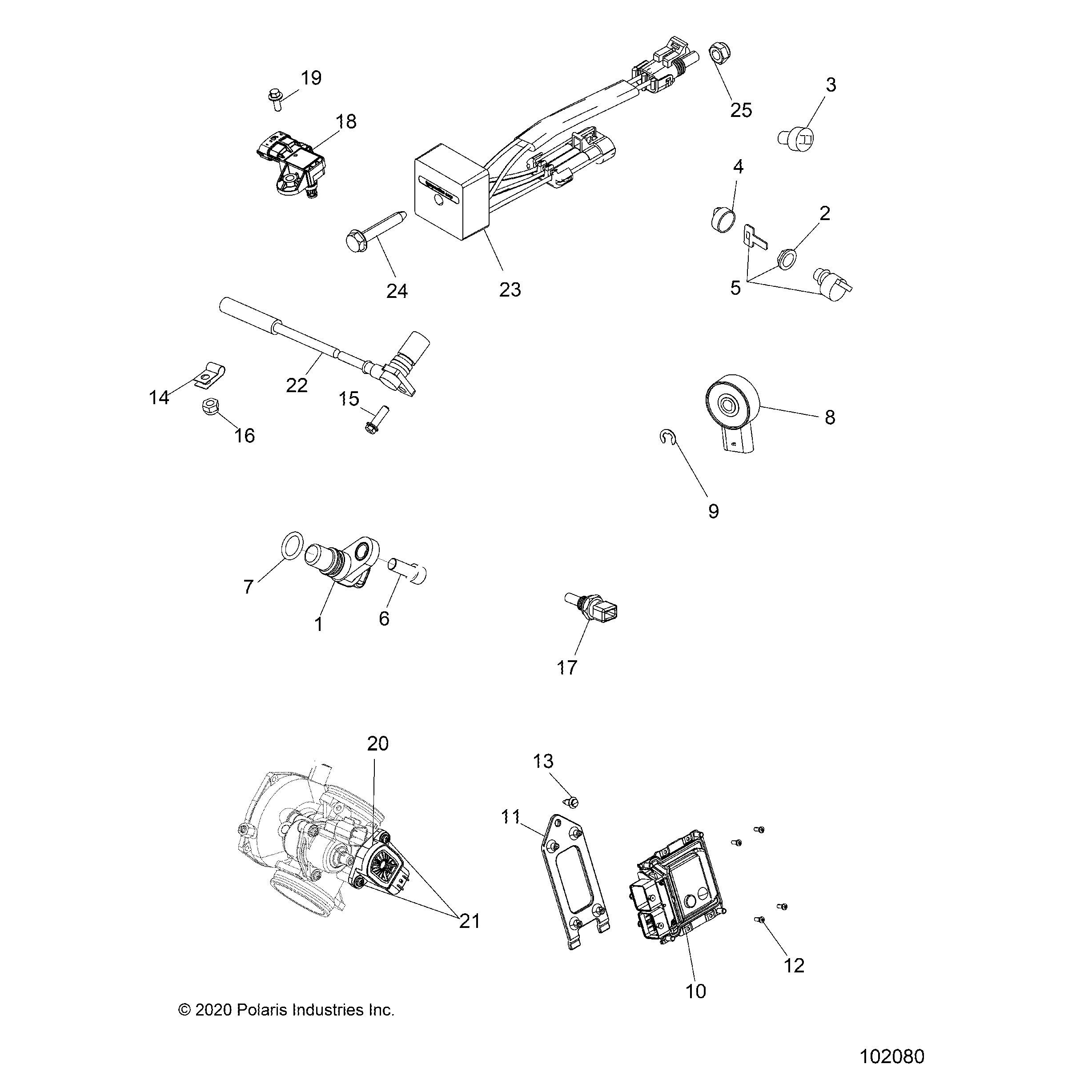 An Image of a Genuine Polaris Parts Schematic Diagram showing the schematic - ELECTRICAL: SWITCHES SENSORS and ECM - 2021 POLARIS SPORTSMAN 570 X2