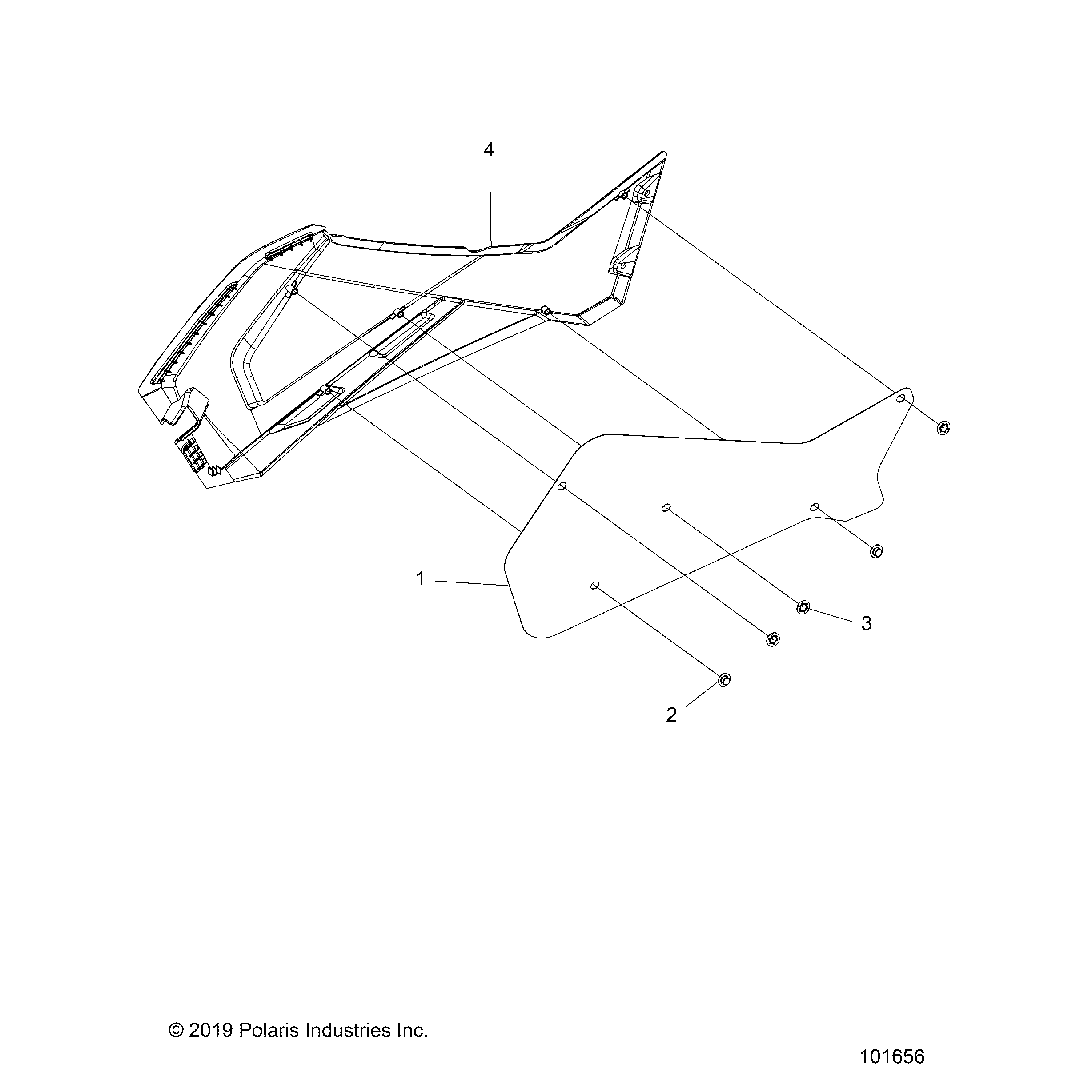 An Image of a Genuine Polaris Parts Schematic Diagram showing the schematic - BODY: RIGHT HAND SIDE PANEL HEAT SHIELD AND HARDWARE 2 UP - 2020 POLARIS SPORTSMAN 570 X2